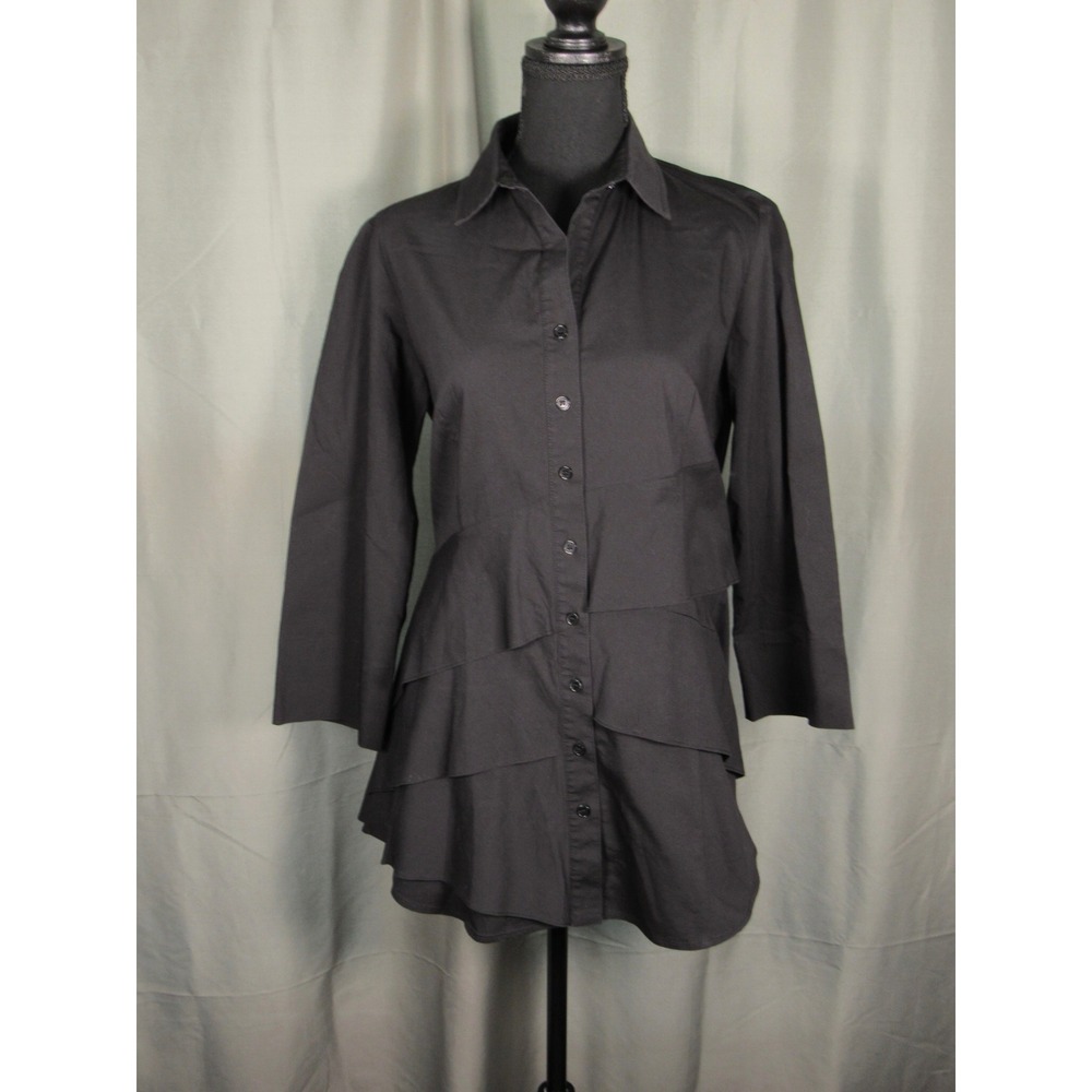 Finley Jenna Black Tiered Ruffle Front Button Down Shirt Tunic Top Size Small